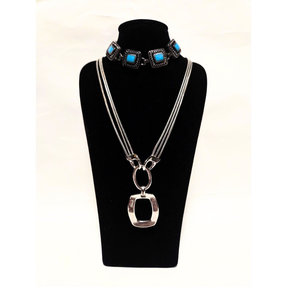 Lia Sophia Silver Tone Multi-Strand Pendant Necklace & Blue Link Bracelet Set